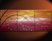 Sunset Cherry Blossom Painting Asian Style Wall Art Red Orange Yellow Zen Calming Colors Custom 48x20