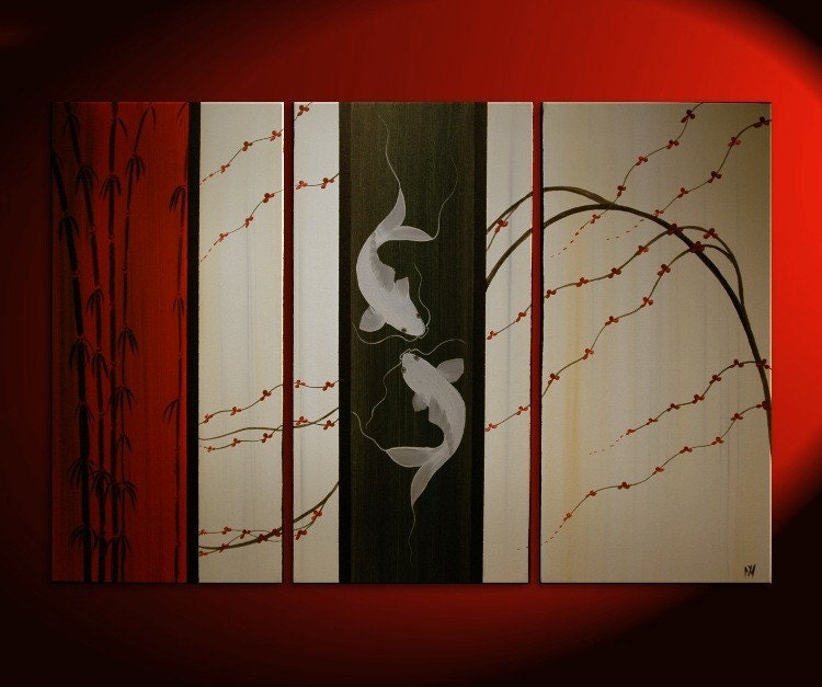 Large Koi Fish Painting Deep Rich Red Cream and Black Chinese Zen Style Original Art Bamboo Cherry Blossoms Custom 45x30