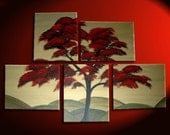 Large Tree Painting Red Gold Huge Art Custom Modern Abstract Original Peaceful 56x40 Hills Asian Chinese Japanese