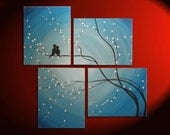 Original Painting Love Bird Wall Art Sky Blue Cherry Tree Branch with Blossoms Unique Multiple Canvases Large Custom Personalized 47x41