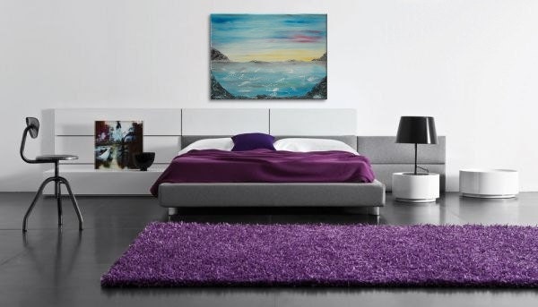 Large Abstract Seascape Painting with Hills Blue Yellow Purple Original Palette Knife Art Ships Fast Oversized Artwork 48x36