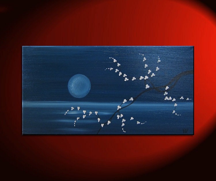 Custom 48x24 Deep Blue Sea and Cherry Blossom Painting Large Size Original Art Ocean and Moon