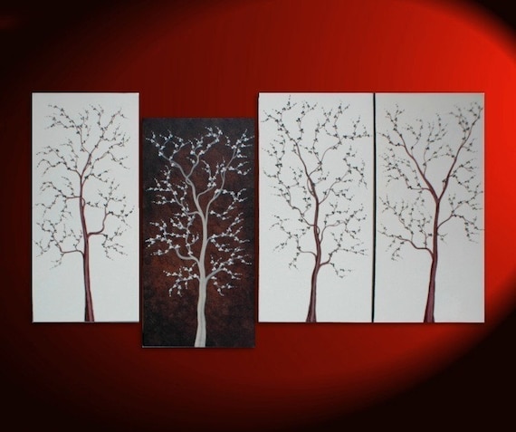 Large Tree Painting for Sale Four Canvases Modern Abstract Art Brown and White Original Zen Wall Art Custom Made 60x30