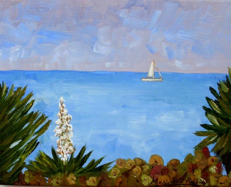 Spanish Bayonet Miami Beach Sailboat Seascape Impasto oil painting with Free Domestic Shipping
