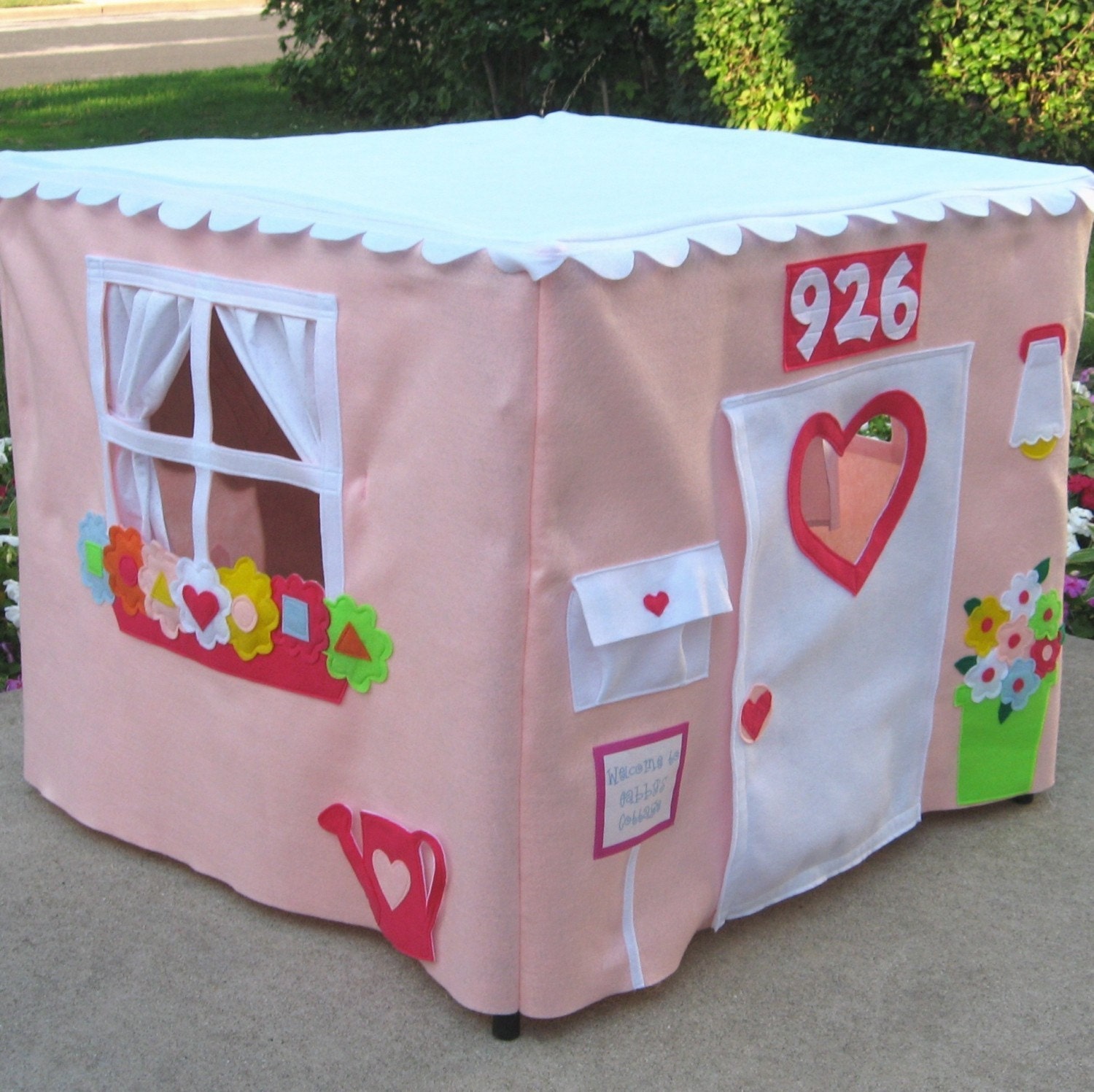 Bluebird Cottage in Pink, White Scalloped Roof, Curtains, Flower Pot, Custom Order, Personalized