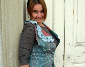 Felted  Vest with Vintage Lace Collar -   REVERSIBLE  (mixed merino wool and mulberry silk)