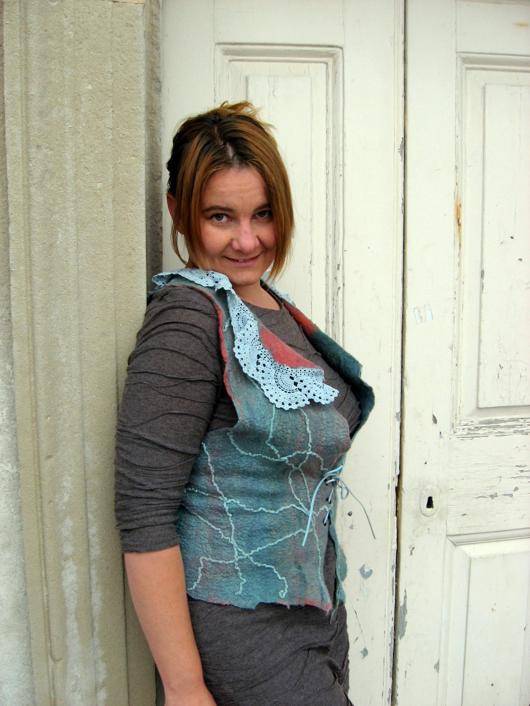 Felted Vest with Vintage Lace Collar - REVERSIBLE (mixed merino wool and mulberry silk)