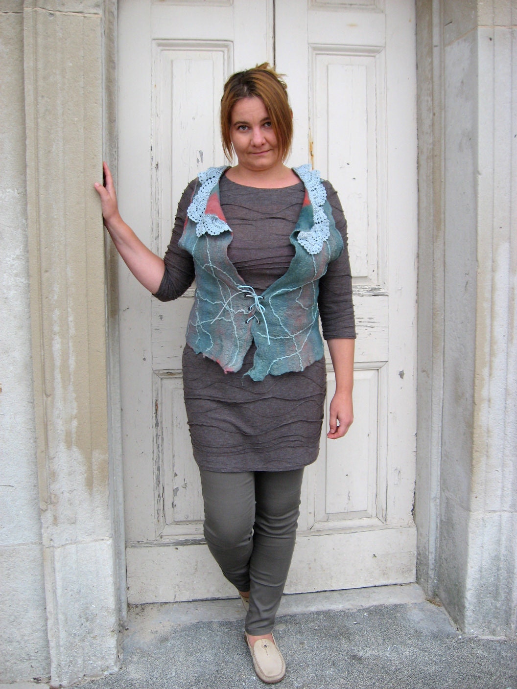 Felted Vest with Vintage Lace Collar - REVERSIBLE (mixed merino wool and mulberry silk)