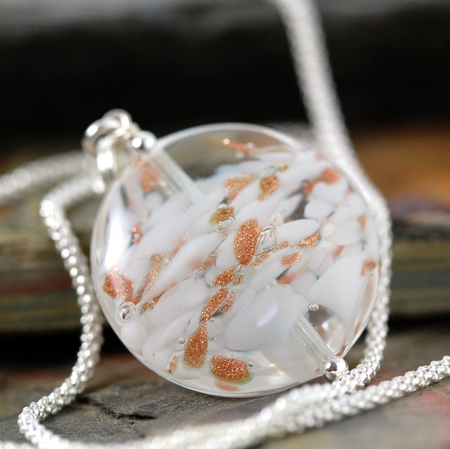 Venetian glass necklace with white and goldstone dust pendant on sterling silver italian chain