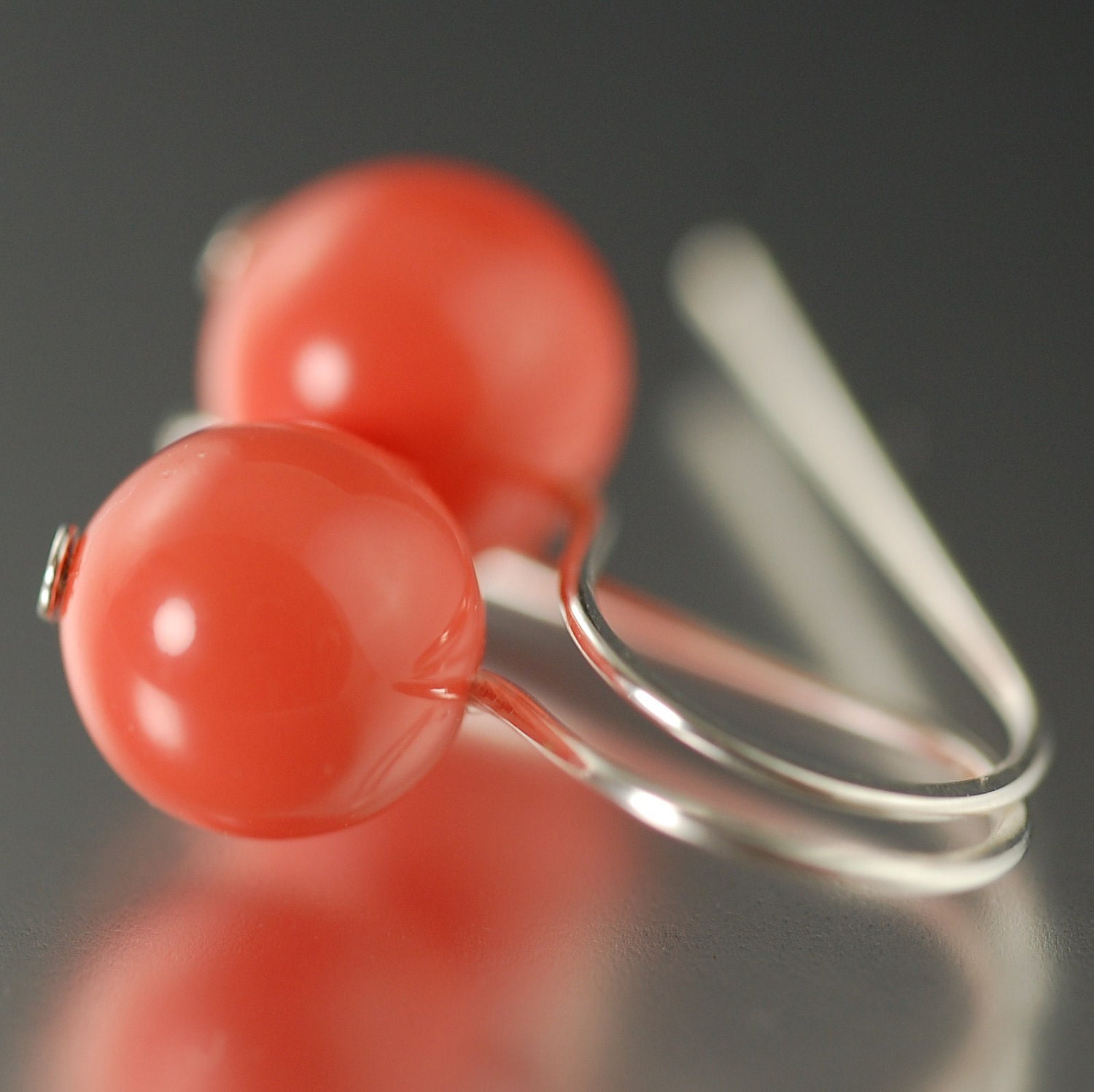 Coral colored Swarovski glass pearl bridal earrings
