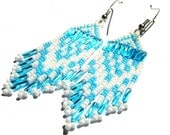 White Luster and Blue Luster Seed Beaded Chandelier Fringed Dangle Tassled Earrings
