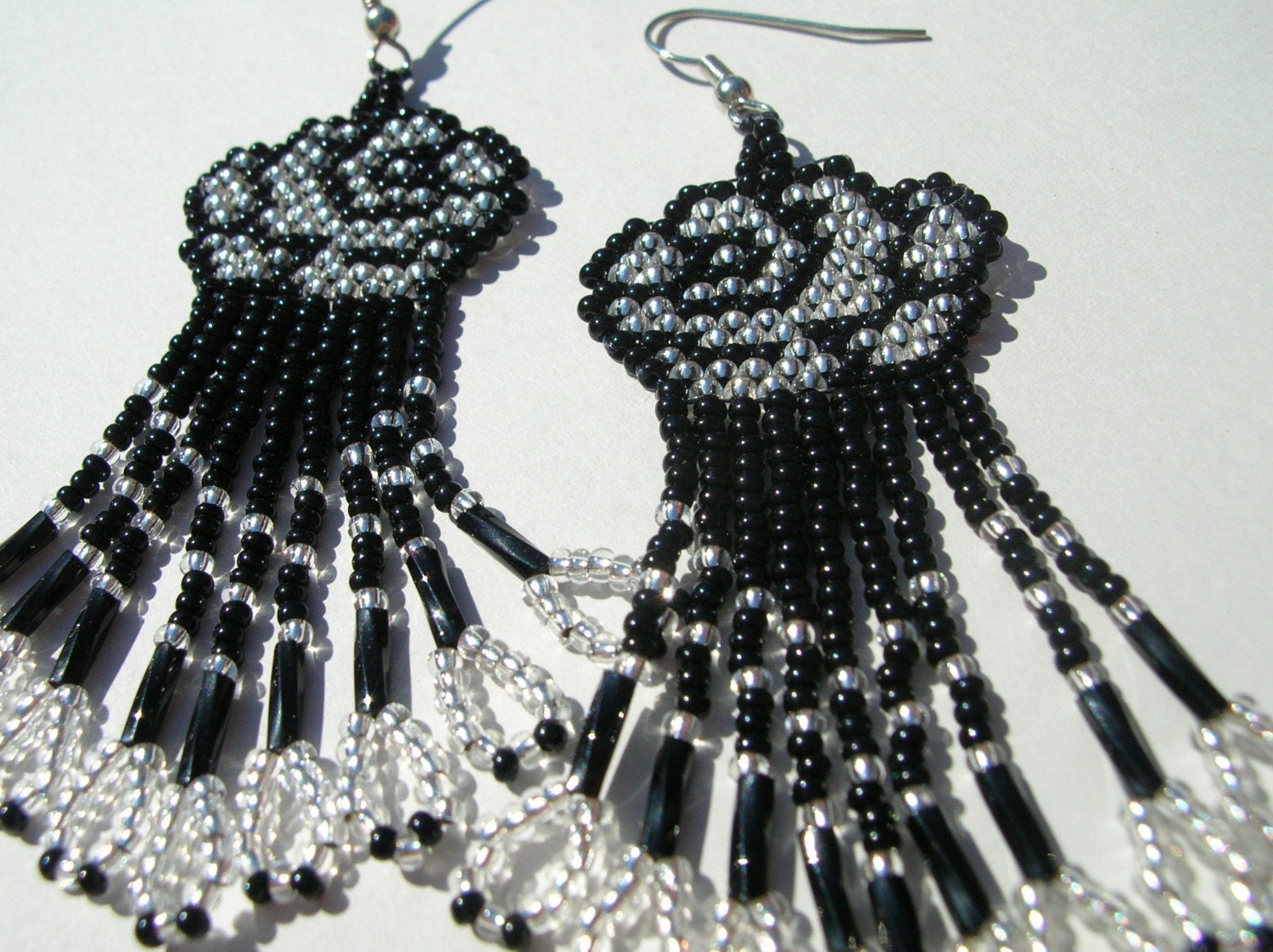 Black and Silver Seed Beaded Rose Brick Stitched Dangle Earrings