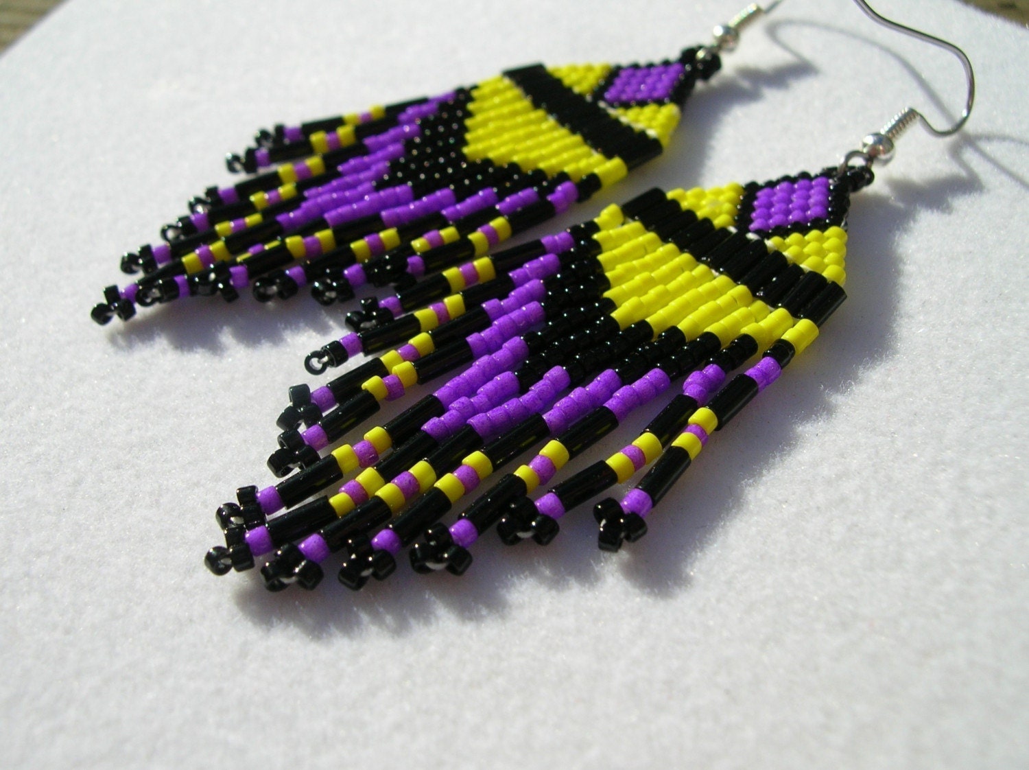 Stunning Purple Yellow and Black Beaded Chandelier Earrings