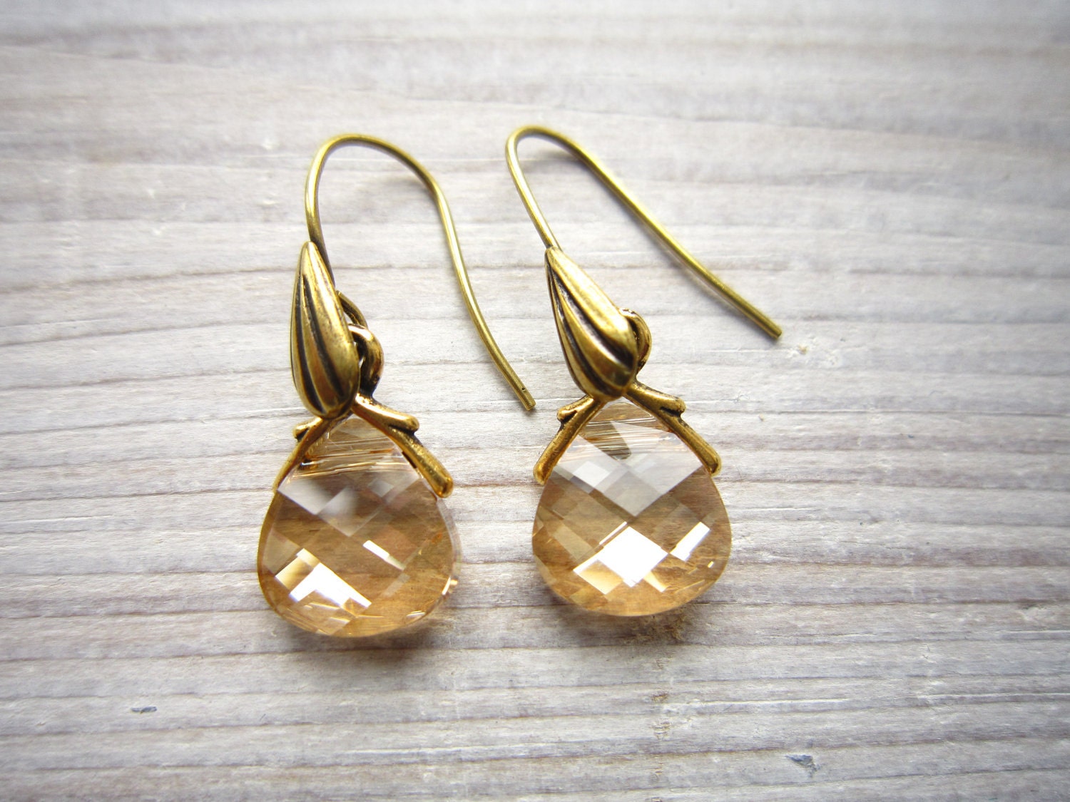 Lili Teardrop Swarovski Earrings in Golden Champagne and Gold