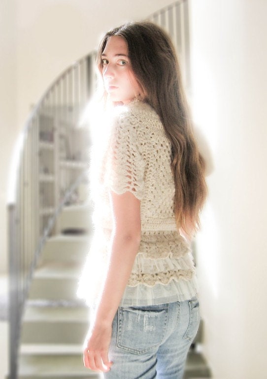 crochet cardigan JANE in nude pink and gold mohair