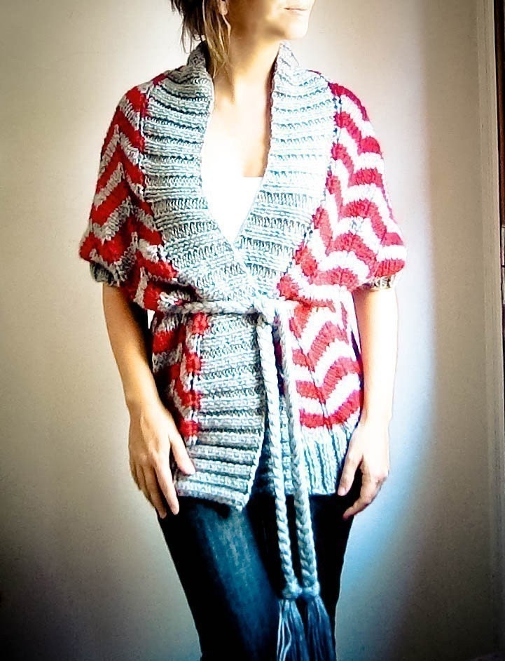 hand knit cardigan vest ZIG ZAG in grey and red, wool braid belt with tassels