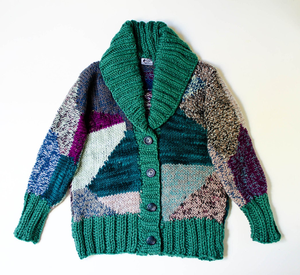 hand knit cardigan GEO nr 6 jacket coat geometric design in green and multicolour yarns