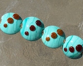 Mod Lentil Bead Set - Turquoise Lampwork Beads with Raised Brown Dots (4 beads)