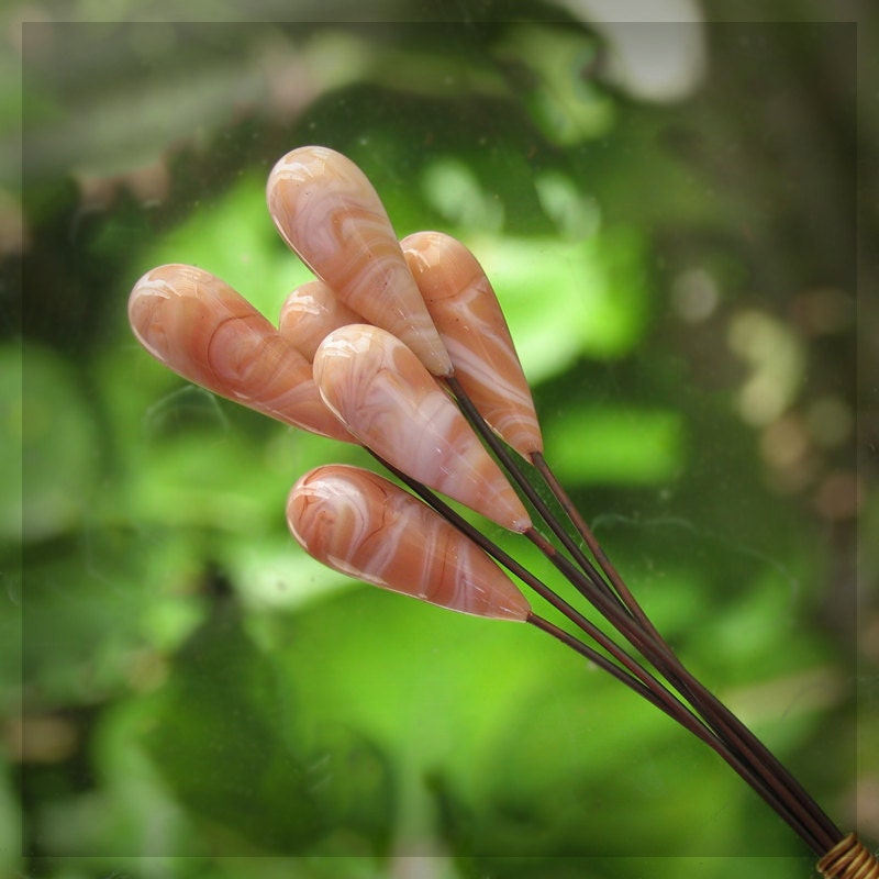 Glass Head Pins - Peach and White Swirls, 4 inch, Set of 6