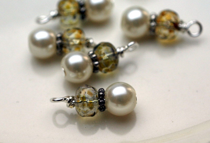 6 Piece Light Topaz Picasso Czech and Pearl Charm Dangle Drop Set