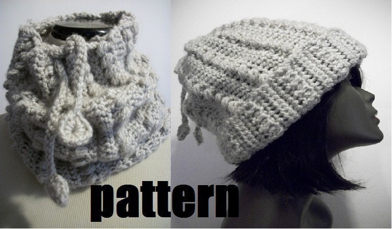 PATTERN - Tugharia Drawstring Slouchy Hat Pattern and Cowl Pattern-2 in 1 garment-PHOTO TUTORIAL- crochet slouchy beanie pattern