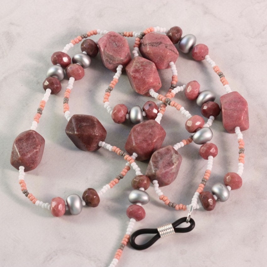 Pink Gray Eyeglass Holder Mauve Rhodonite Gemstone Beaded Office Fashion Chunky