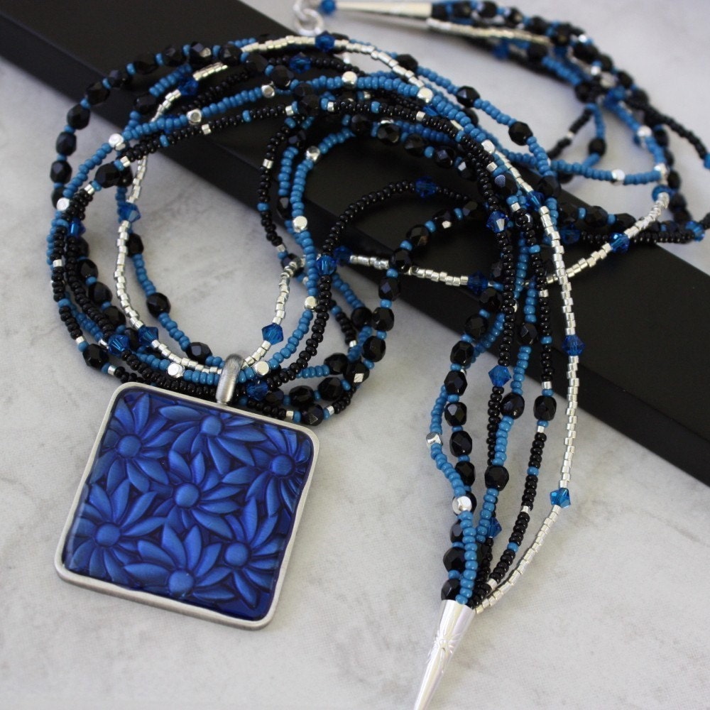 Black Blue Necklace Multi Strand Silver Flower Pendant