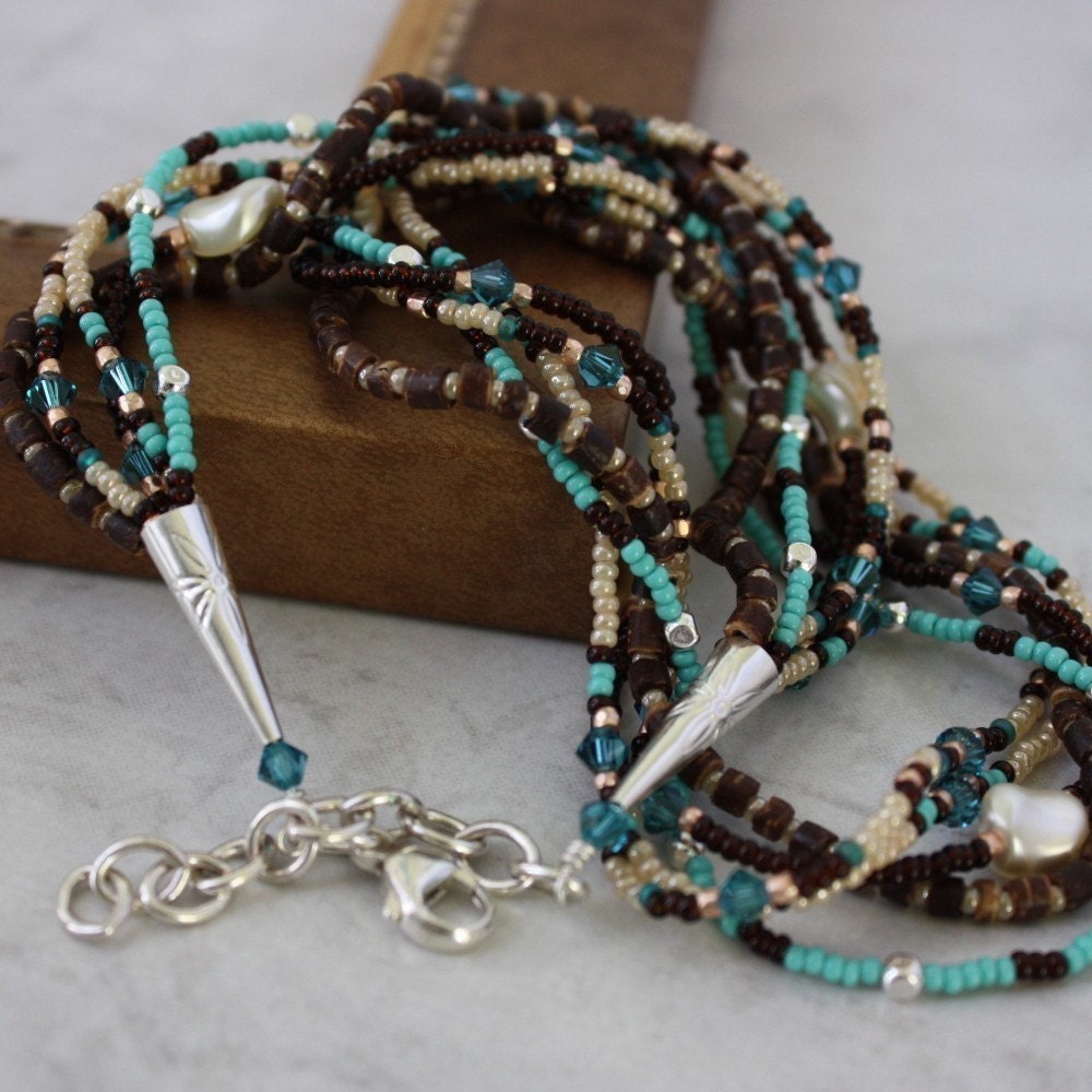 Multi Strand Necklace Pearl Teal Brown Cream Shell Pendant