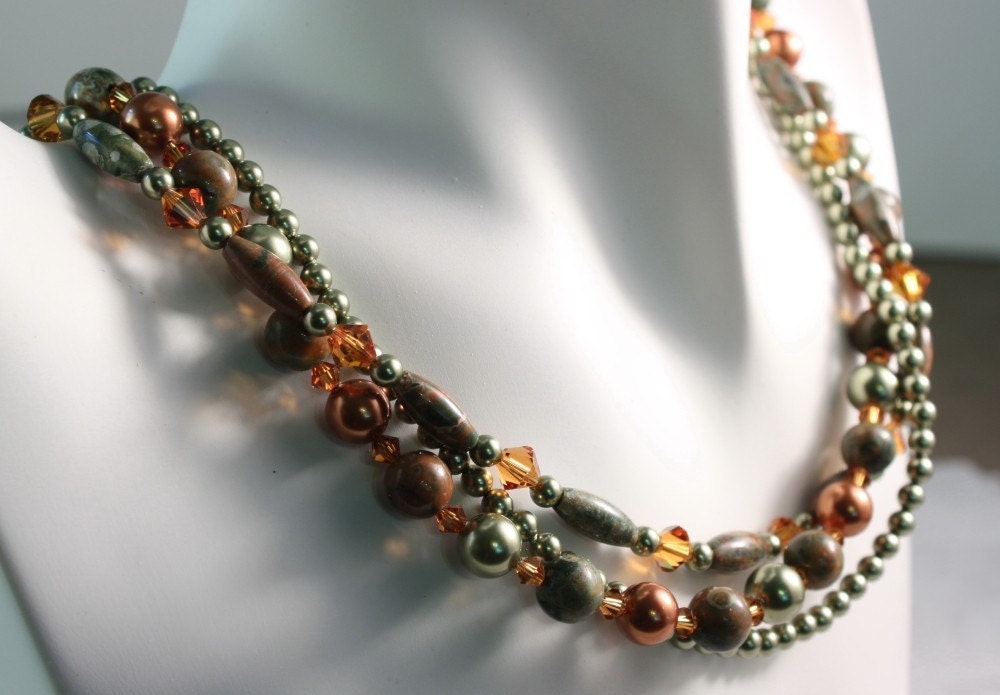 Multi Strand Necklace Green Copper Pearl Rhyolite Gemstone