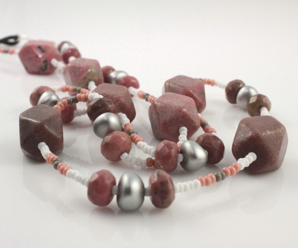 Pink Gray Eyeglass Holder Mauve Rhodonite Gemstone Beaded Office Fashion Chunky