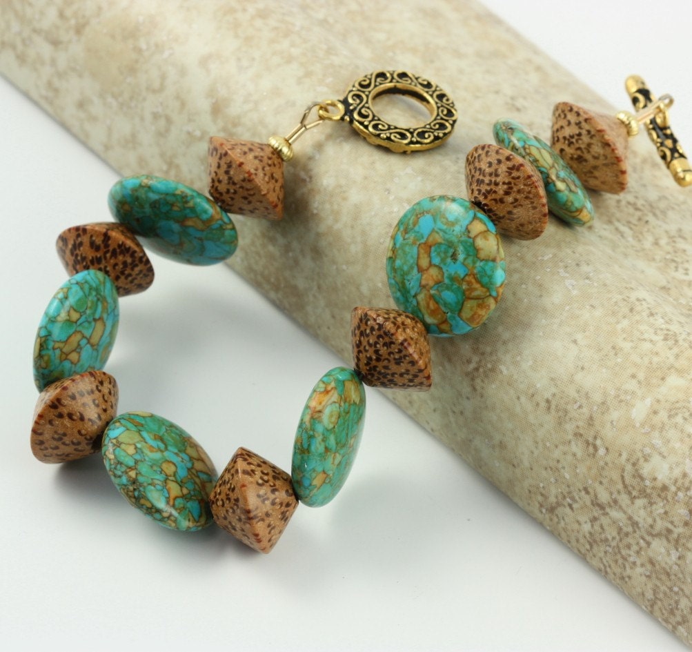 Turquoise Bracelet Palm Wood Tribal Mint Green Fall Fashion Jewelry Toggle Clasp