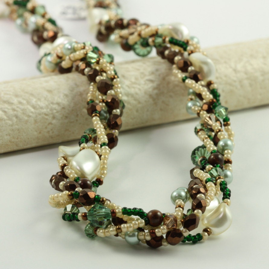 Necklace Multi Strand Bronze Cream Tiger Iron Green Crystals Earth Tones