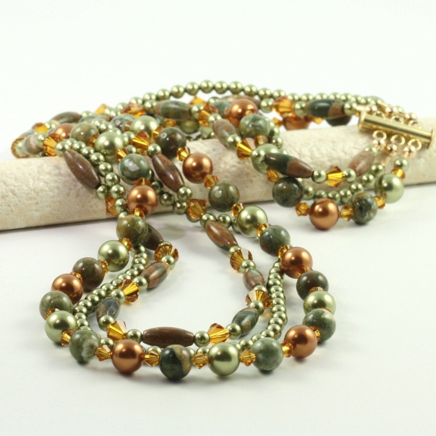 Multi Strand Necklace Green Copper Pearl Rhyolite Gemstone