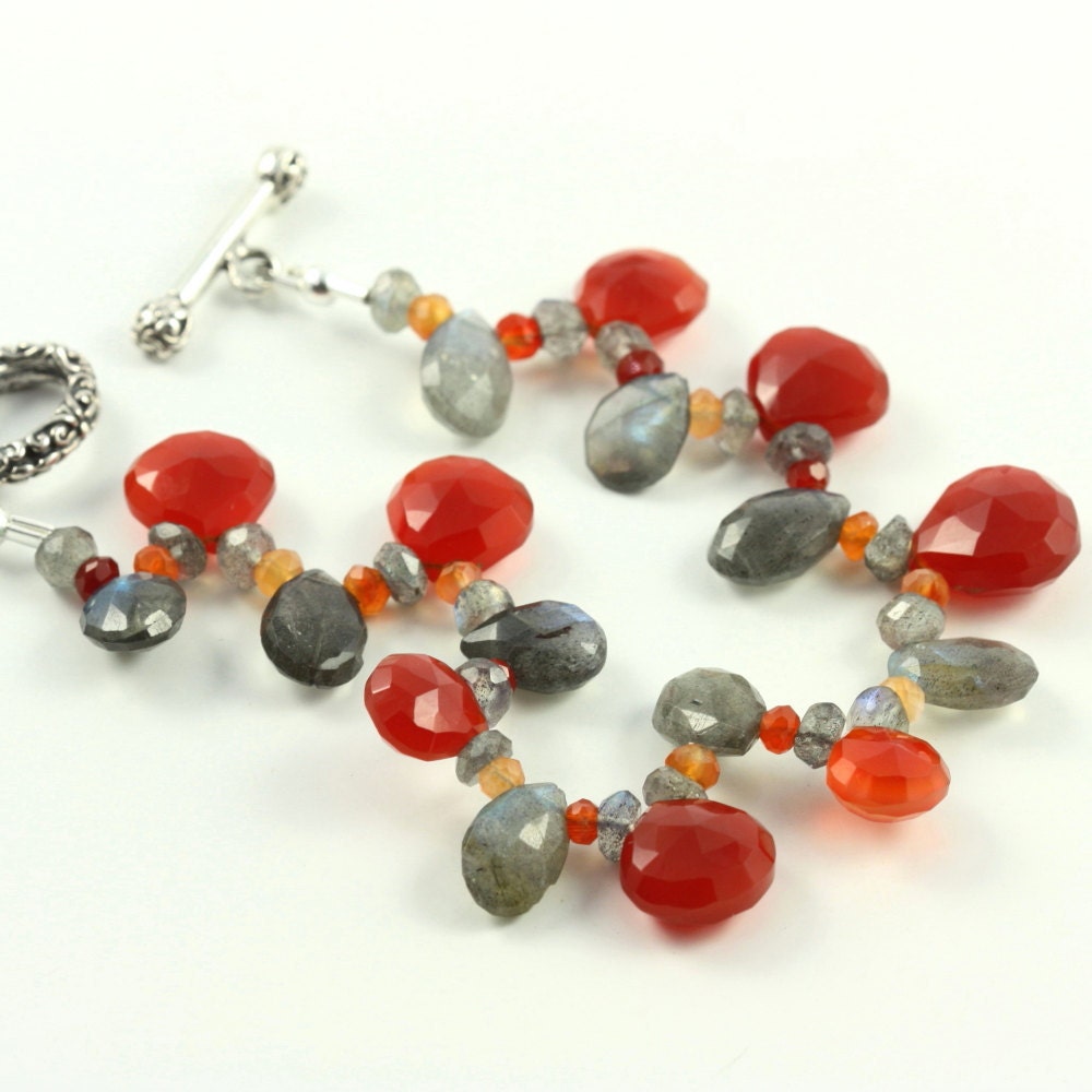 Chalcedony Bracelet Labradorite Gray Gemstone Pomegranate Carnelian Sterling Toggle Clasp