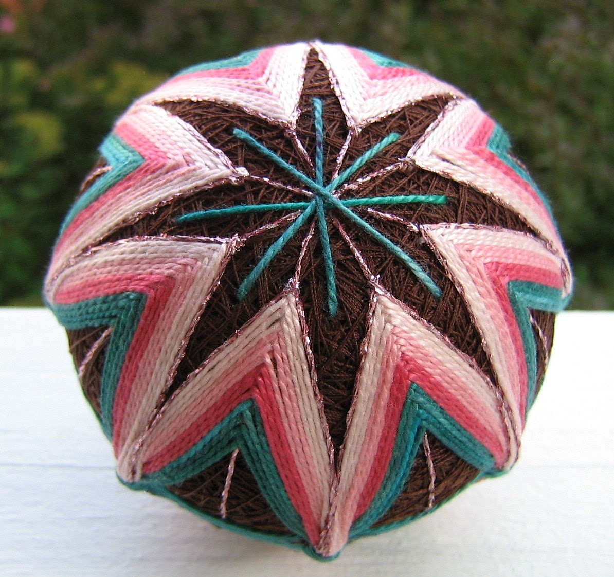 fiber art hand embroidered decorative ball -  japanese temari thread ball - love in bloom