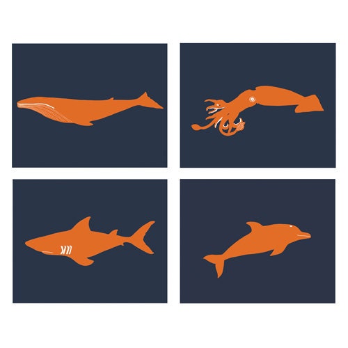 Baby boy nautical nursery, ocean art set of 4, 13 x 19 prints - customizable colors