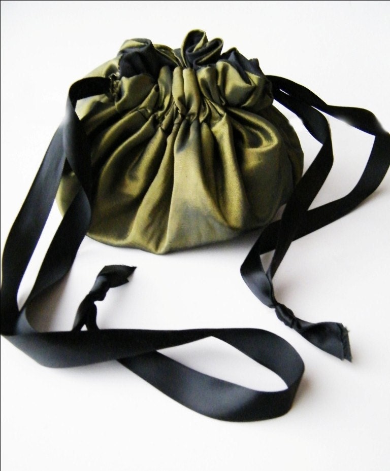 Reversable Draw String Purse Green Taffeta and black-Custom to order