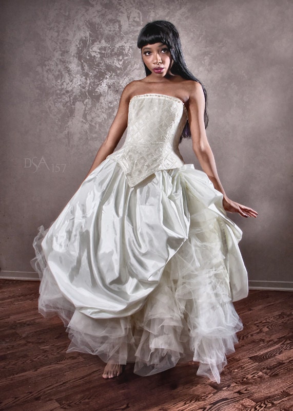 Velvet Cinderella Ball Gown Wedding Dress Cream Corset and Tulle Petticoat