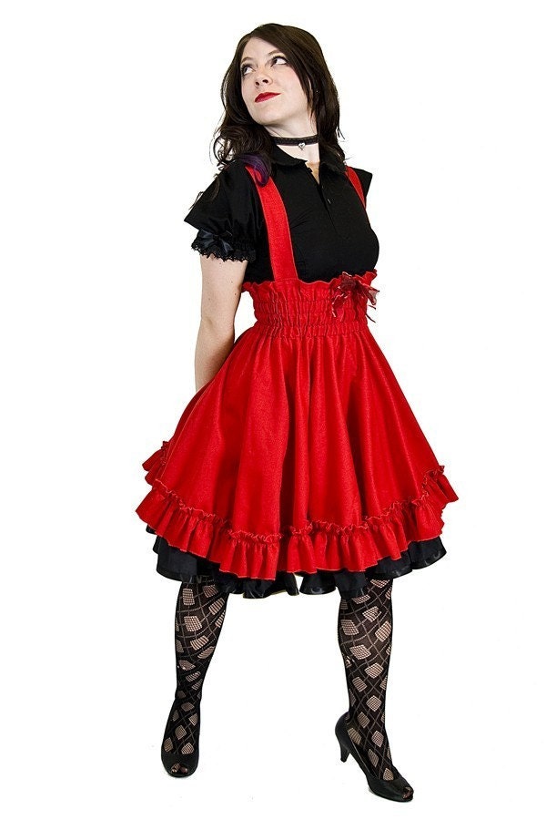 Gothic Lolita Jumper Skirt in Red Cotton High Waisted -Custom to your size