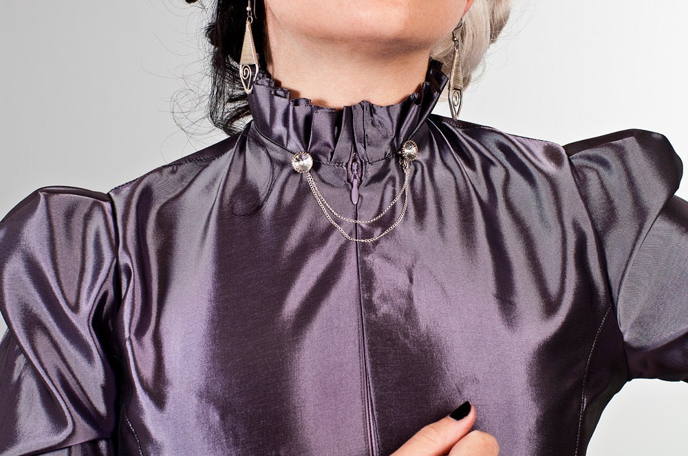 Plus Size Blouse Steampunk Dark Lavender Taffeta with High Neck-Custom to your Size 2X and above