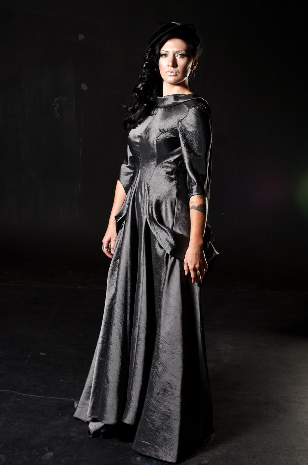 SALE Steampunk Backless Gown Diesel Punk Wedding Dress in Gunmetal Glamor - Ready to ship SMALL