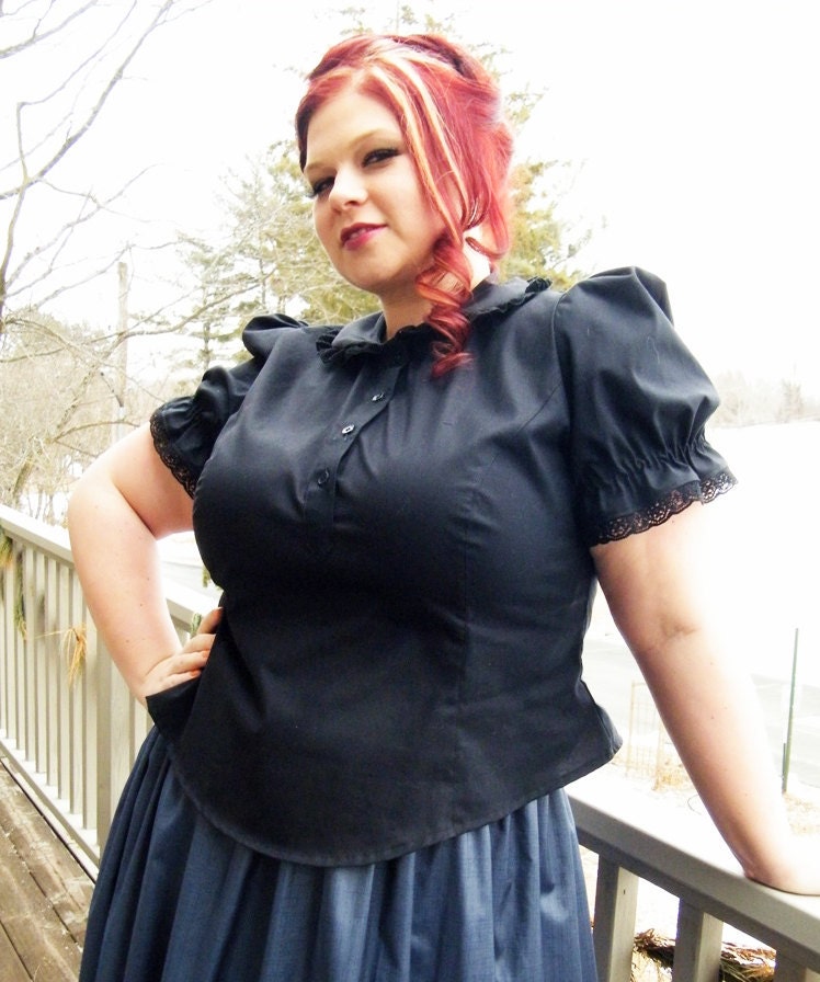 Plus Size Lolita Blouse Black Cotton Peter Pan Collar-Custom 2X-Above