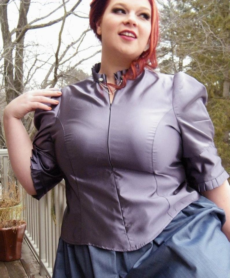 Plus Size Blouse Steampunk Dark Lavender Taffeta with High Neck-Custom to your Size 2X and above
