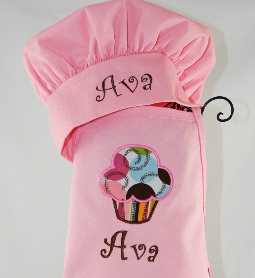 Girl's Personalized Cupcake Pink Apron Hat Set Polka Dot Ribbon - Embroidered Monogrammed