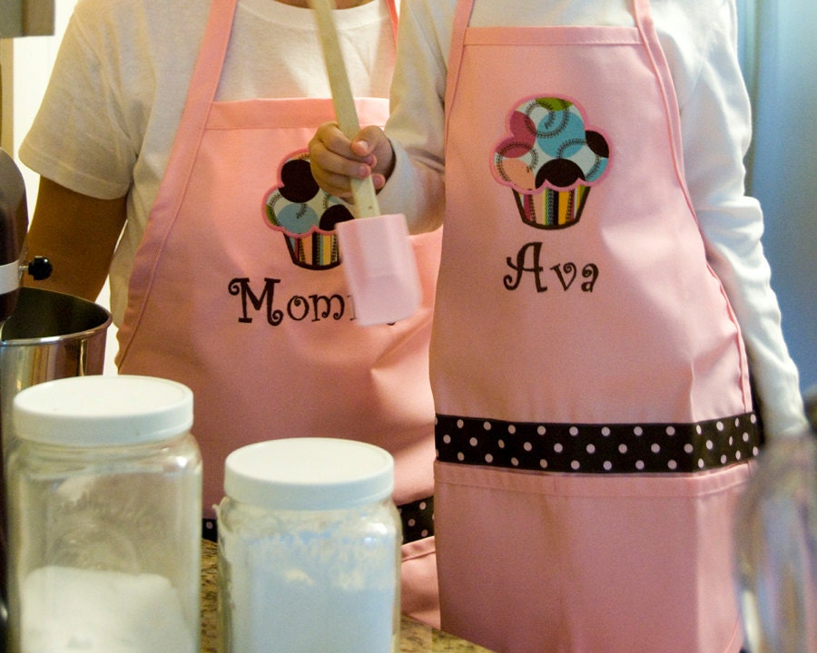 Mother Daughter Personalized Apron Cupcake Pink matching Set Polka Dot Embroidered - Monogrammed