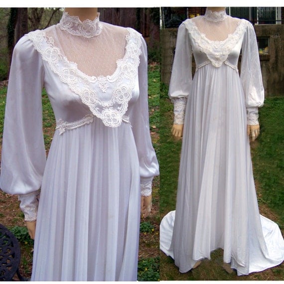 70s jersey pleated wedding gown lace long sleeves small size 2