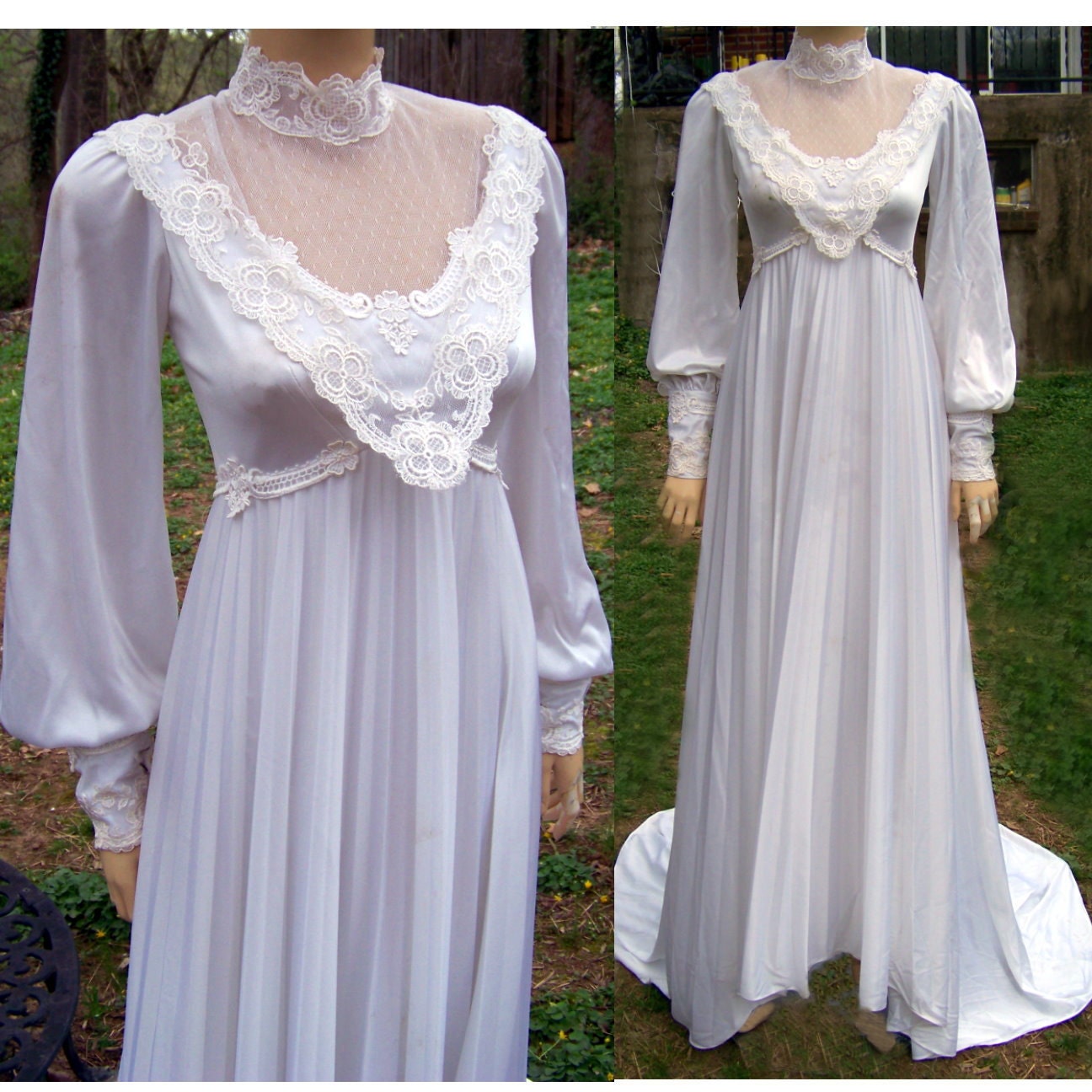 70s jersey pleated wedding gown lace long sleeves small size 2
