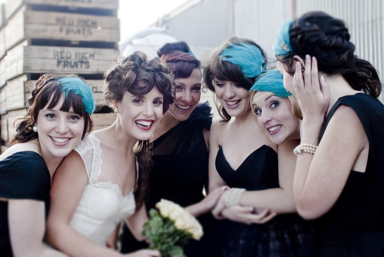 ISADORA - Handmade Aqua Green Feather Headband, Hairpiece, with Vintage Jewelry Accent - One of a Kind