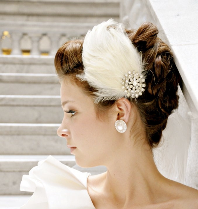 Wedding Hair Accessories Ivory Bridal Feather Clip or Headband