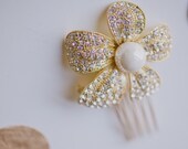 Gold Bridal Crystal and Pearl Flower Hair Pin 22k Gold Plated